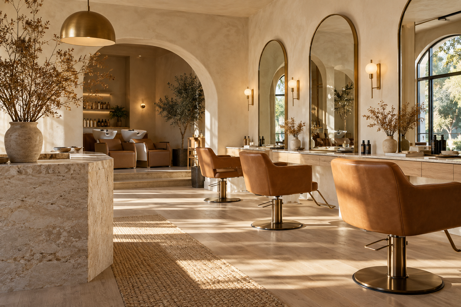 Illustrative boutique salon with arched mirrors and warm natural light